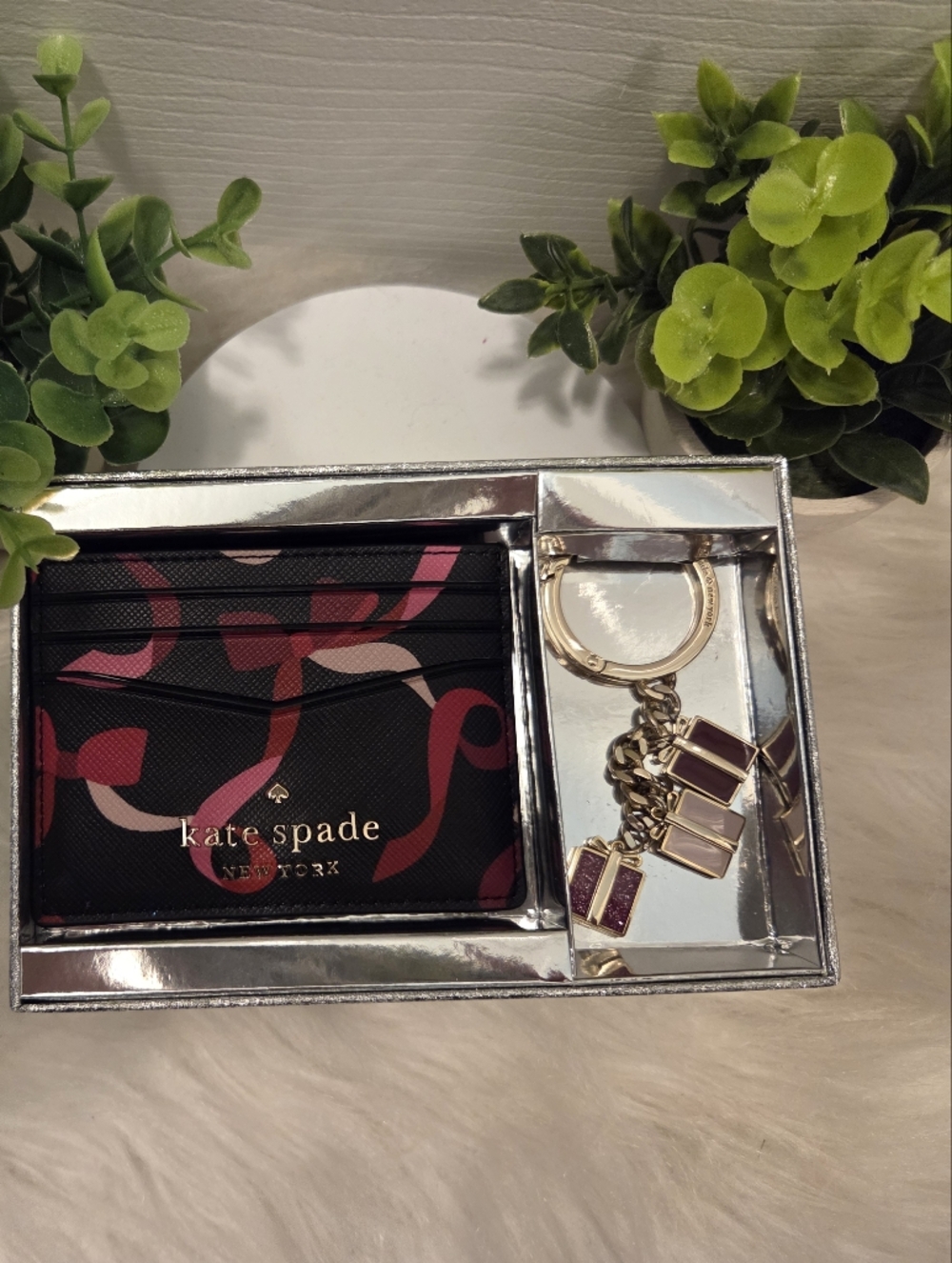 Kate Spade Black Cardholder with Pink and Red Ribbon Print and Matc Gold Keyring